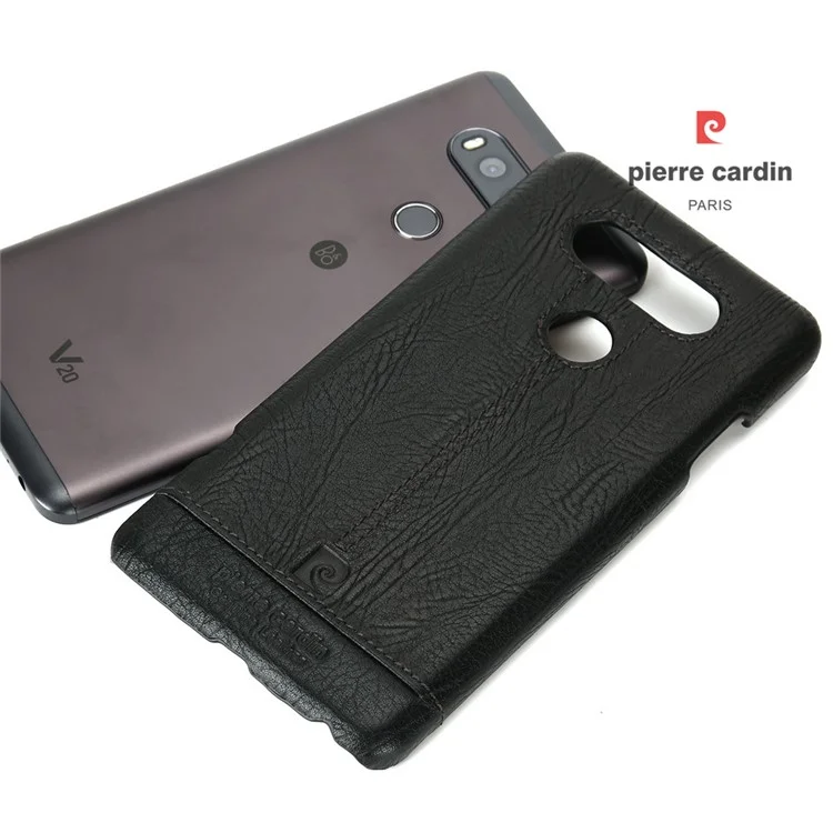 PIERRE CARDIN for LG V20 Stitched Genuine Leather Coated Plastic Case - Black