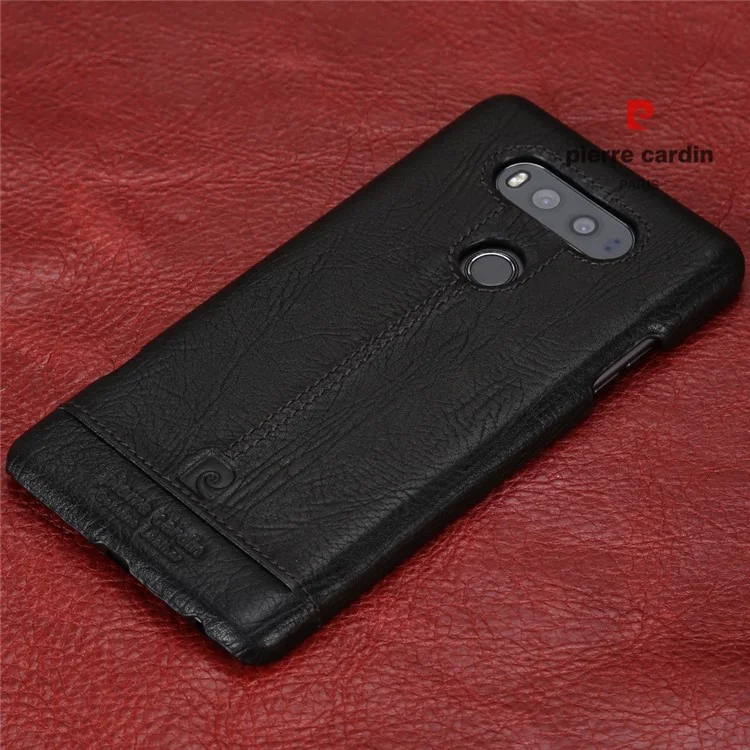 PIERRE CARDIN for LG V20 Stitched Genuine Leather Coated Plastic Case - Black