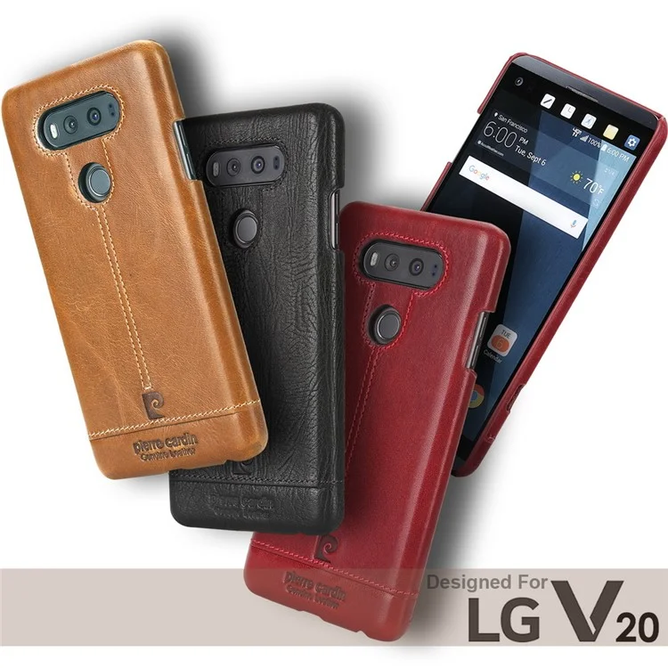 PIERRE CARDIN for LG V20 Stitched Genuine Leather Coated Plastic Case - Black