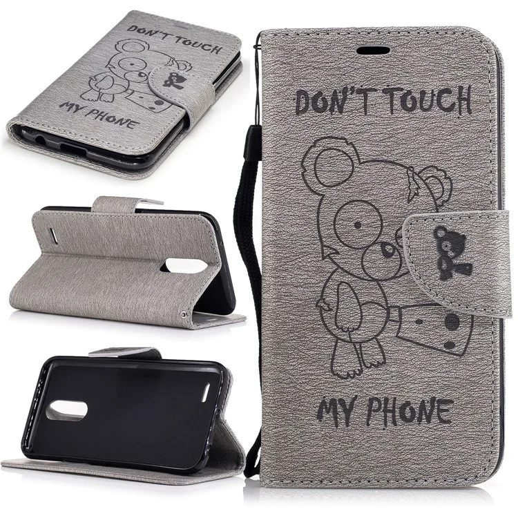 For LG K10 (2017) Imprinted Bear Wallet Stand Leather Case with Lanyard - Grey