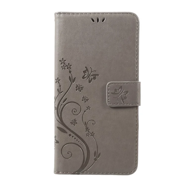 Imprinted Flower Butterfly Leather Wallet Cellphone Shell with Lanyard for LG V20 - Grey