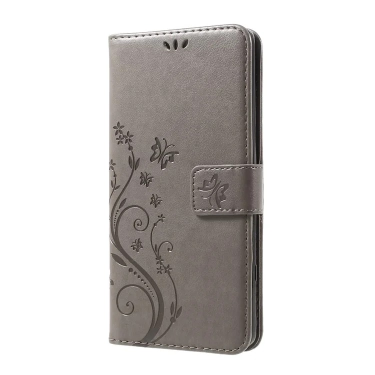 Imprinted Flower Butterfly Leather Wallet Cellphone Shell with Lanyard for LG V20 - Grey