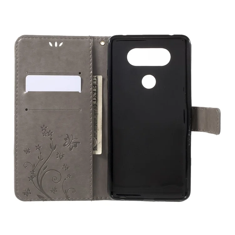 Imprinted Flower Butterfly Leather Wallet Cellphone Shell with Lanyard for LG V20 - Grey
