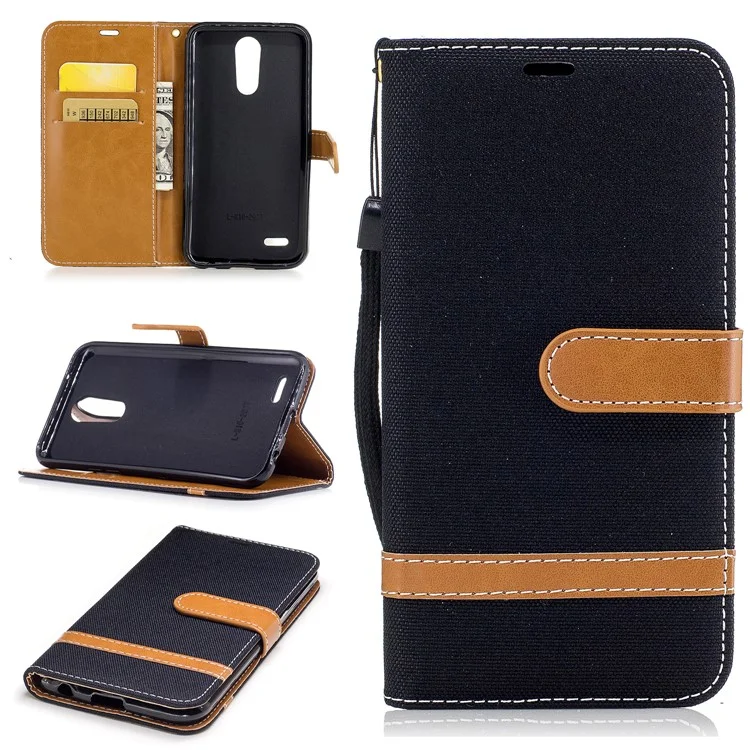 Two-tone Jean Cloth PU Leather Wallet Flip Stand Case Cover for LG K10 (2017) EU Version - Black