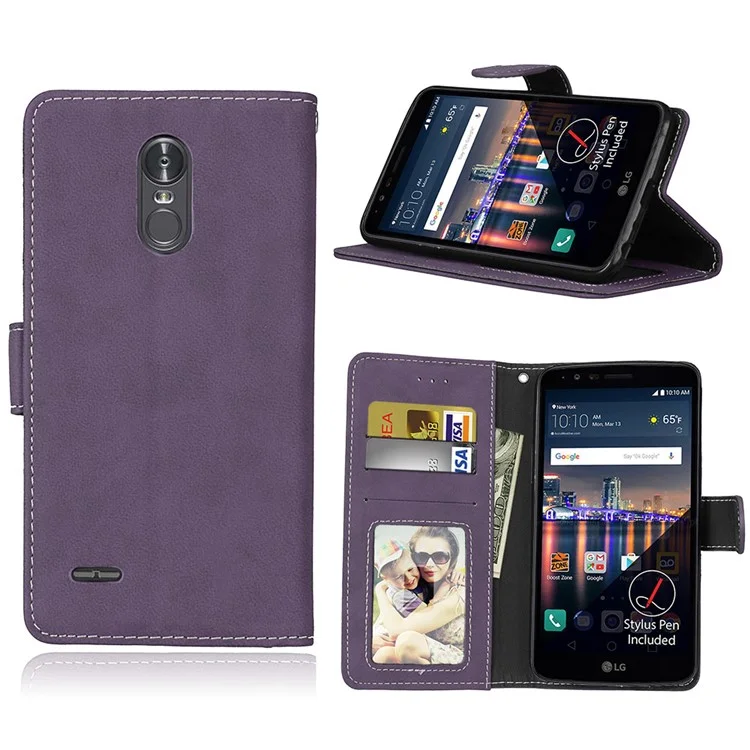 For LG Stylus 3 Matte PU Leather Flip Stand Phone Shell Case with Card Slots - Purple