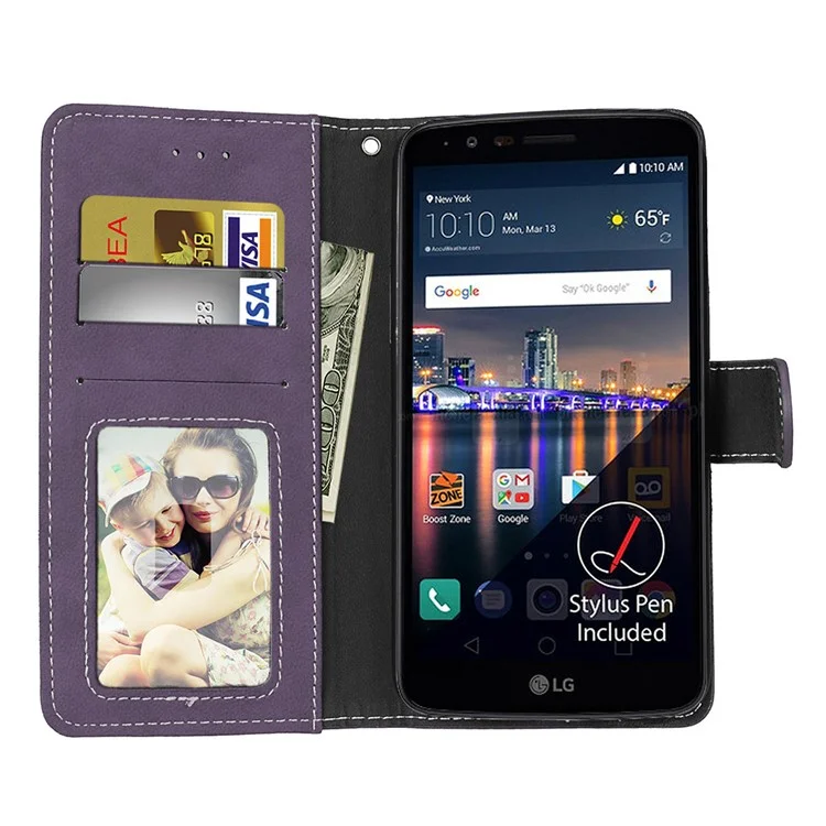 For LG Stylus 3 Matte PU Leather Flip Stand Phone Shell Case with Card Slots - Purple