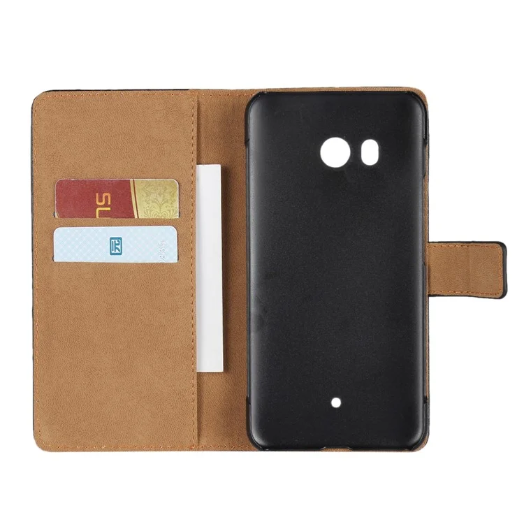Genuine Split Leather Wallet Stand Case for HTC U11 - Black