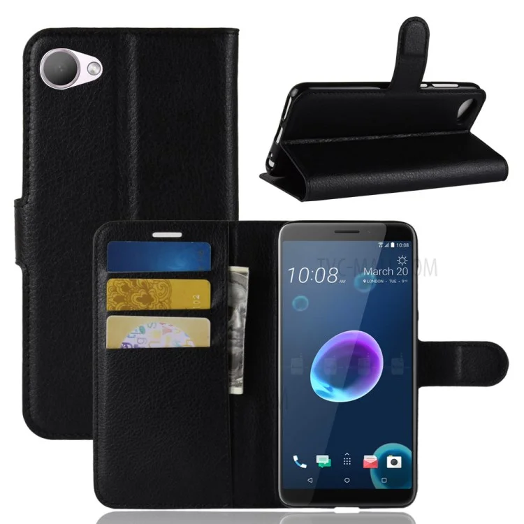 Litchi Skin Wallet Leather Stand Case for HTC Desire 12 - Black