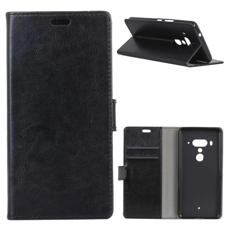 Crazy Horse Texture Wallet Stand Leather Mobile Case for HTC U12+ - Black