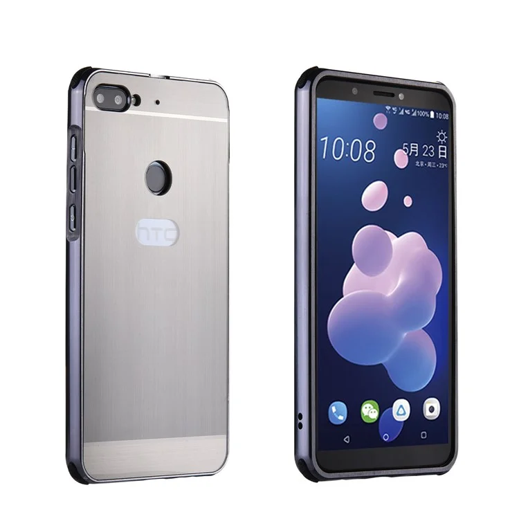 Slide-on Metal Bumper + Brushed PC Back Panel Plated Hybrid Case for HTC Desire 12+ / 12 Plus - Silver