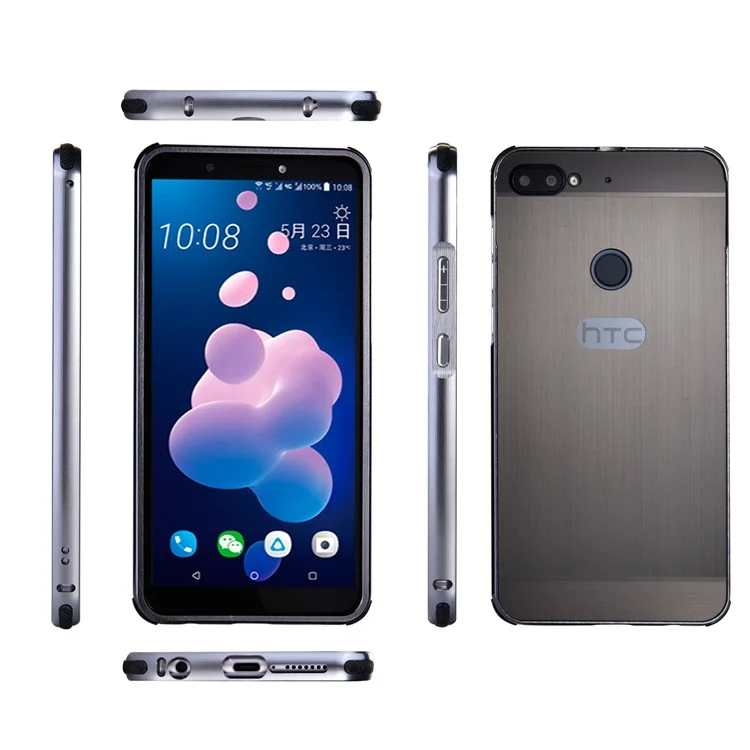 Slide-on Metal Bumper + Brushed PC Back Panel Plated Hybrid Case for HTC Desire 12+ / 12 Plus - Silver
