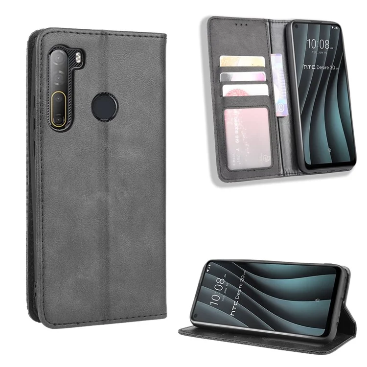 Auto-absorbierte Retro Leder-brieftasche Mobile Shell Für HTC Desire 20 Pro - Schwarz