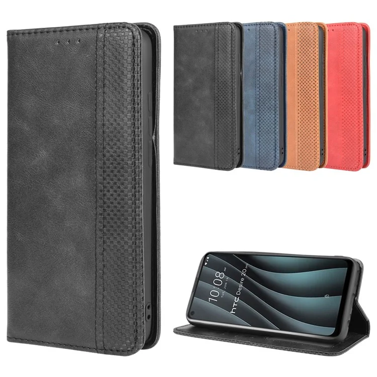 Auto-absorbed Retro Leather Wallet Mobile Shell for HTC Desire 20 Pro - Black