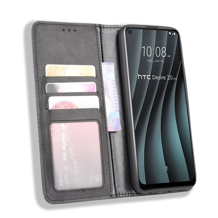 Auto-absorbed Retro Leather Wallet Mobile Shell for HTC Desire 20 Pro - Black