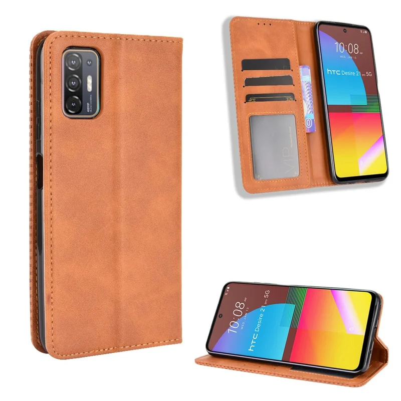 Magnetic Vintage Style Wallet Stand Phone Case Cover for HTC Desire 21 Pro 5G - Brown
