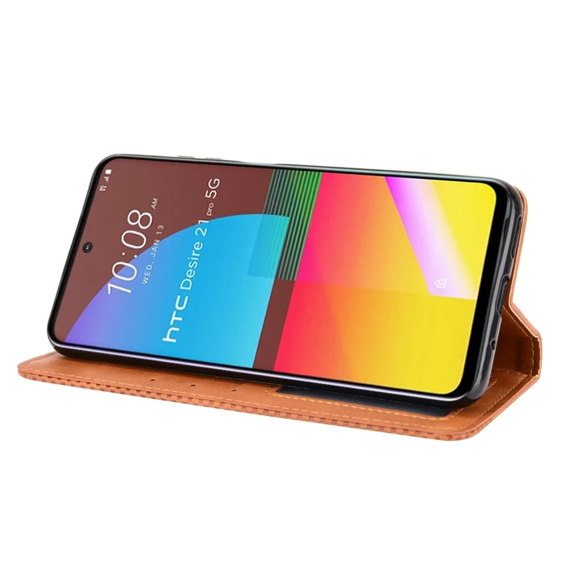 Magnetic Vintage Style Wallet Stand Phone Case Cover for HTC Desire 21 Pro 5G - Brown