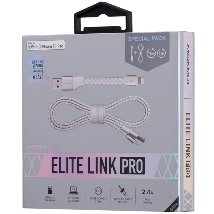 MOMAX MFI Genuine Leather Woven Lightning 8pin Cable Kit for iPhone iPad iPod (11cm+1m) - White