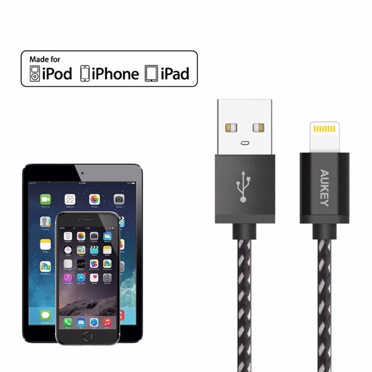 AUKEY Nylon Braided Lightning 8pin USB Sync Charge Cable 1.2m (MFI Certified) - Black