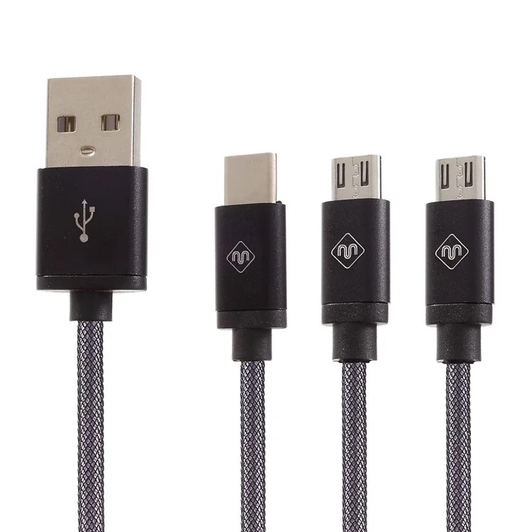 Woven Pattern 3-in-1 Type-c + Micro USB Data Sync Charging Cable (1.2m) - Black