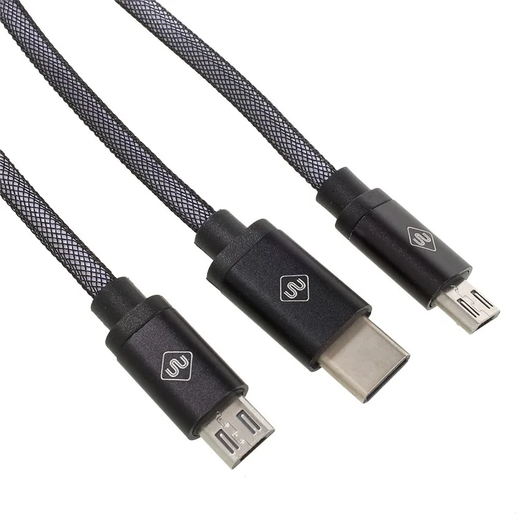 Woven Pattern 3-in-1 Type-c + Micro USB Data Sync Charging Cable (1.2m) - Black
