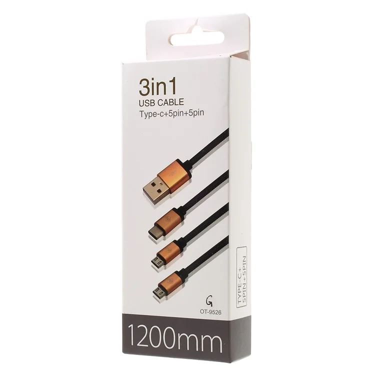 Woven Pattern 3-in-1 Type-c + Micro USB Data Sync Charging Cable (1.2m) - Black