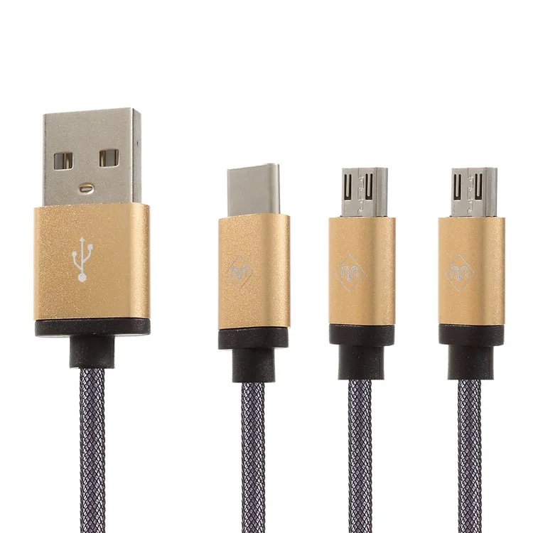 Woven Pattern 3-in-1 Type-c + Micro USB Data Sync Charging Cable (1.2m) - Gold