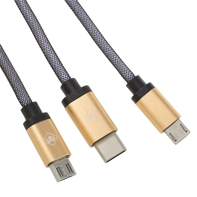 Woven Pattern 3-in-1 Type-c + Micro USB Data Sync Charging Cable (1.2m) - Gold
