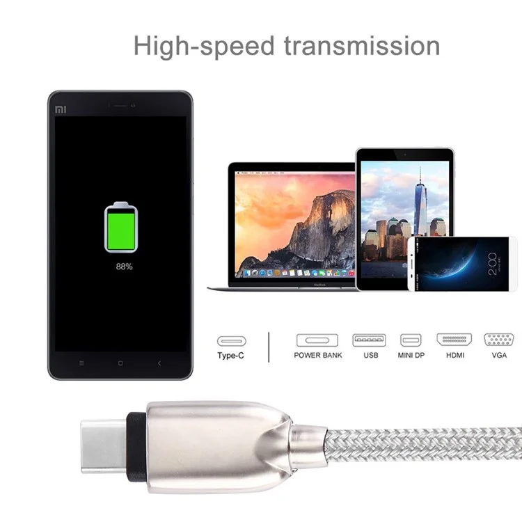 1m Zinc Alloy Woven Type-c USB Data Sync Charging Cable for HTC 10/LG G5 - Silver