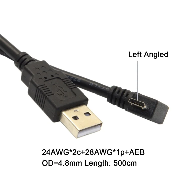 5m 90-degree Left Angle Micro USB Male to USB 2.0 Data Charge Cable - Black