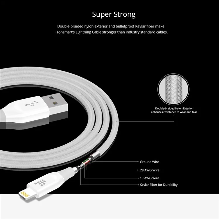 TRONSMART MFI Certified 1.2M Braided Lightning 8pin Data Sync Charging Cable for iPhone iPad - White