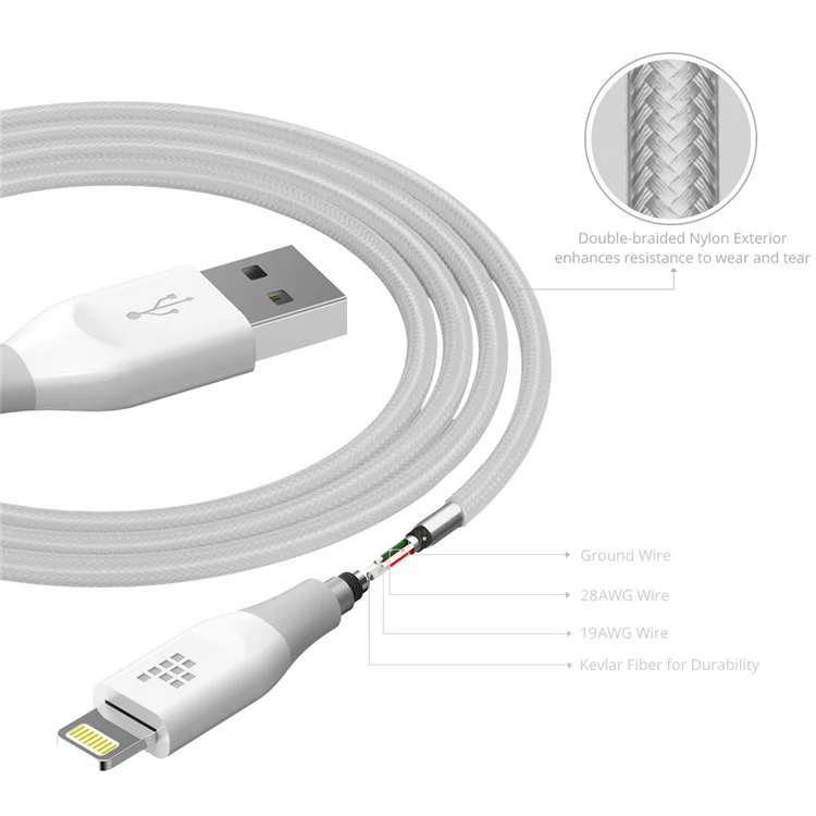 TRONSMART MFI Certified 1.2M Braided Lightning 8pin Data Sync Charging Cable for iPhone iPad - White