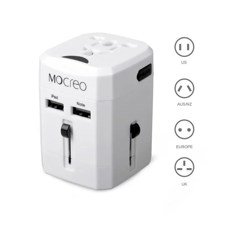MOCREO Dual USB Universal Travel Wall Charger Power Adapter Converter AU/UK/US/EU Plug - White