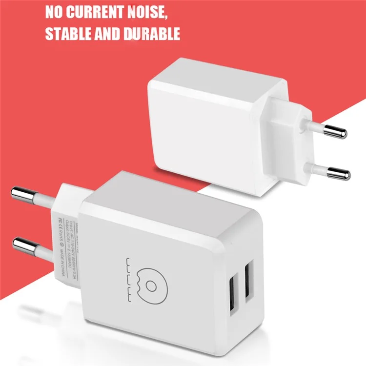 WUW T05 Dual Ports USB Charger Travel Adapter + USB Cable for iPhone X/8/8 Plus etc. - White / EU Plug