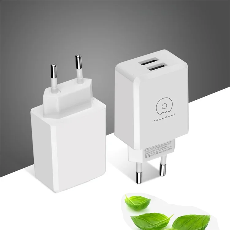 WUW T05 Dual Ports USB Charger Travel Adapter + USB Cable for iPhone X/8/8 Plus etc. - White / EU Plug