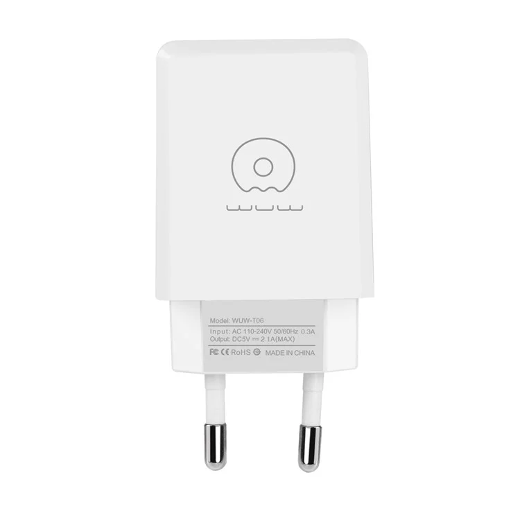 WUW T05 Dual Ports USB Charger Travel Adapter + USB Cable for iPhone X/8/8 Plus etc. - White / EU Plug