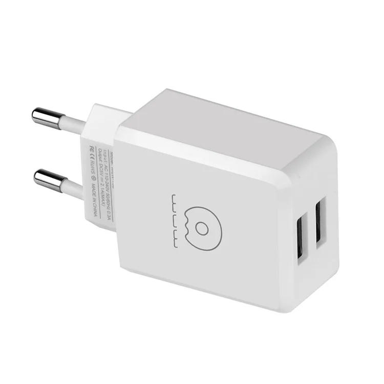 WUW T05 Dual Ports USB Charger Travel Adapter + USB Cable for iPhone X/8/8 Plus etc. - White / EU Plug