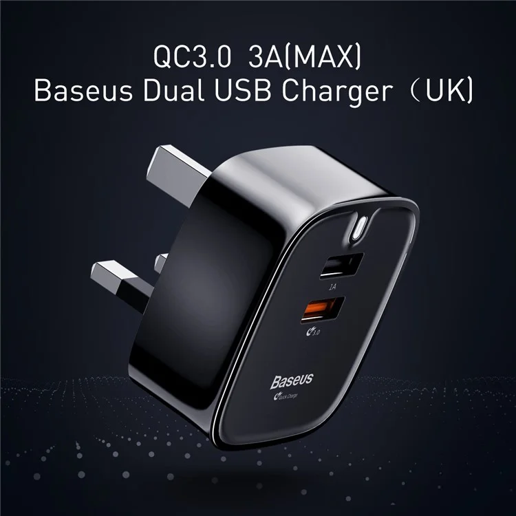 BASEUS Funzi Series Dual USB QC3.0 Fast Charging Travel Charger for iPhone Samsung - Black / UK Plug