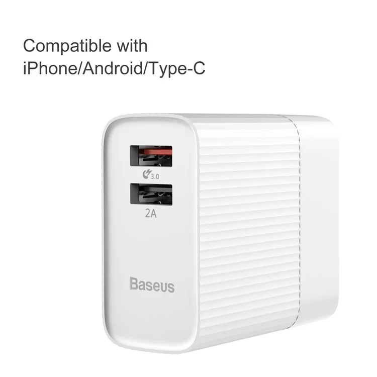 BASEUS Transun Series QC 3.0 Quick Charger Double USB Foldable Plug Portable Travel Wall Charger - White
