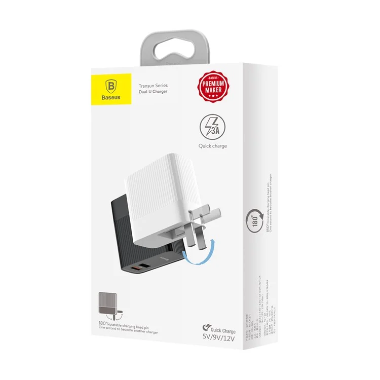 BASEUS Transun Series QC 3.0 Quick Charger Double USB Foldable Plug Portable Travel Wall Charger - White