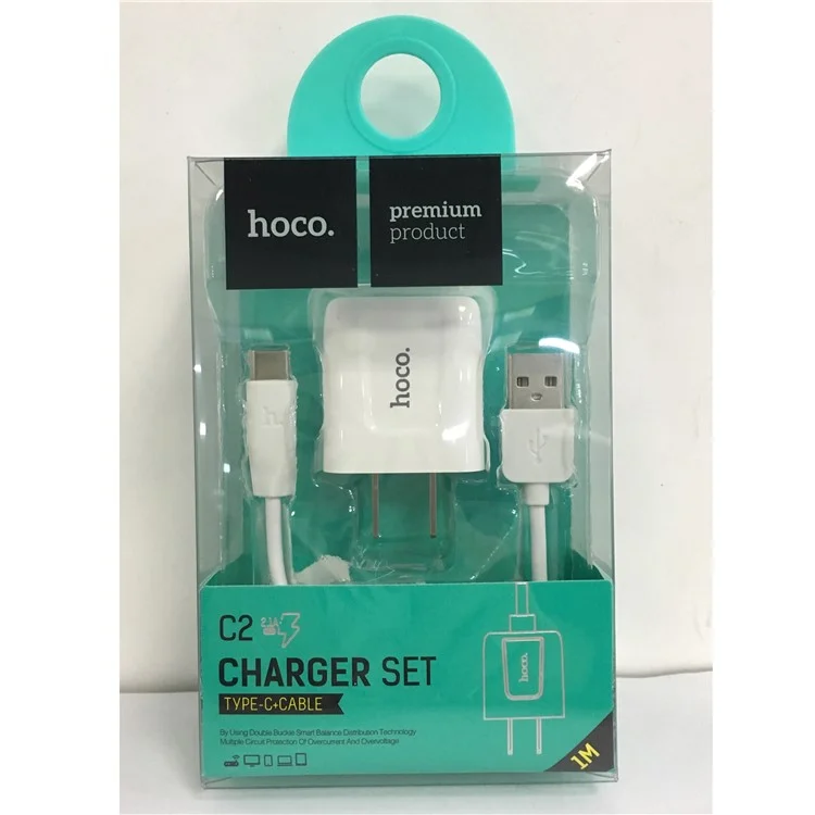 HOCO C2 5V 2.1A Wall Charger Adapter + USB Type-C Cable Kit for Samsung Huawei Sony - US Plug