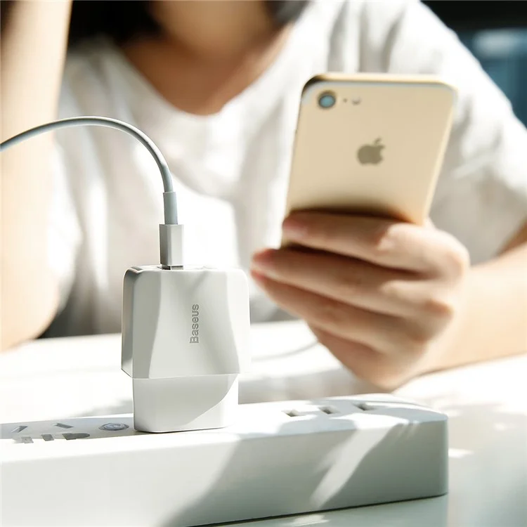 BASEUS 2.1A Dual USB Port Travel Charger Wall Adapter for iPhone iPad Samsung Etc. - UK Plug / White