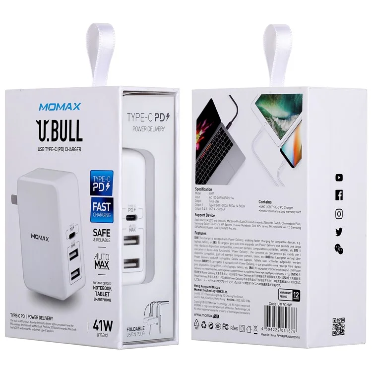 MOMAX 41W PD Quick Charge Type-C + Dual USB Ports Wall Charger - US Plug
