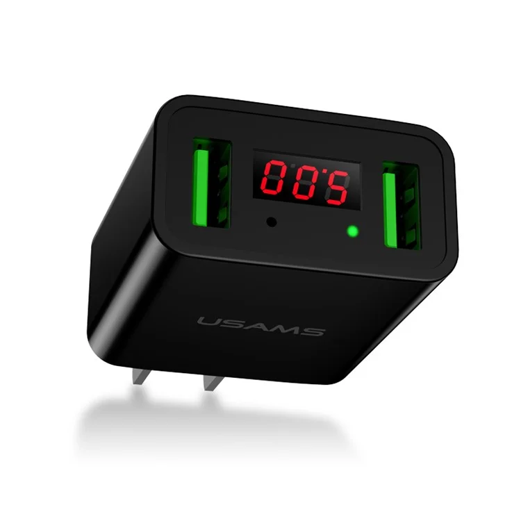 USAMS US-CC042 Digital Display Dual USB Ports 2.2A USB Travel Wall Charger for iPhone Samsung HTC Etc. - US Plug / Black