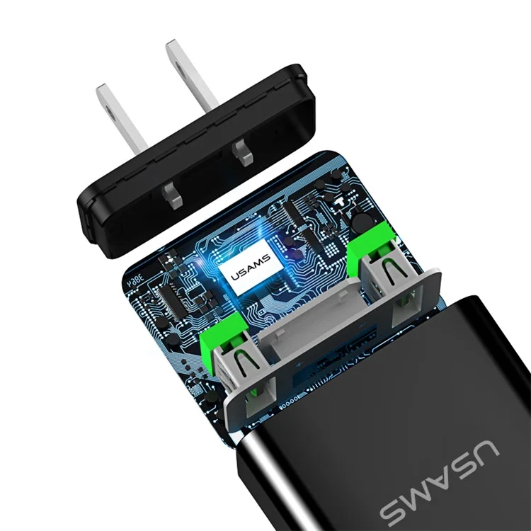 USAMS US-CC042 Digital Display Dual USB Ports 2.2A USB Travel Wall Charger for iPhone Samsung HTC Etc. - US Plug / Black