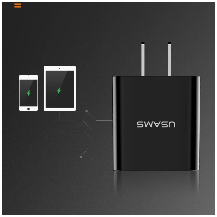 USAMS US-CC042 Digital Display Dual USB Ports 2.2A USB Travel Wall Charger for iPhone Samsung HTC Etc. - US Plug / Black