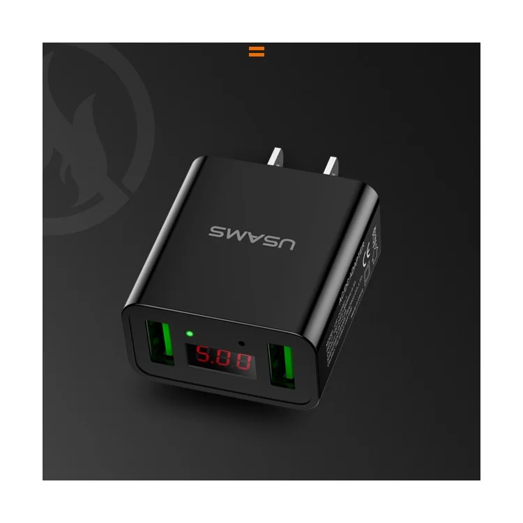 USAMS US-CC042 Digital Display Dual USB Ports 2.2A USB Travel Wall Charger for iPhone Samsung HTC Etc. - US Plug / Black