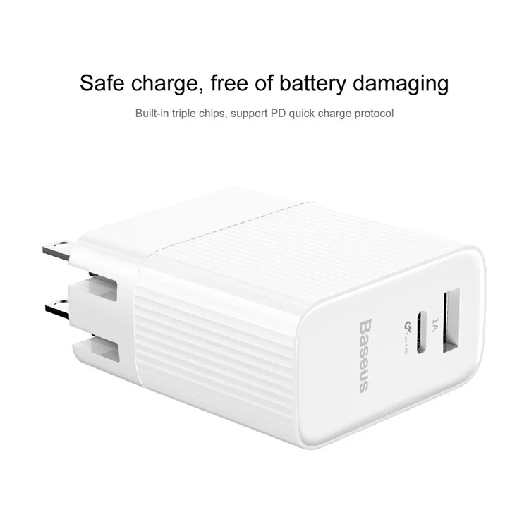 BASEUS 35W 5V/1A USB Port + Type-C PD3.0 Quick Charge Wall Charger for MacBook Pro etc. - White / US Plug