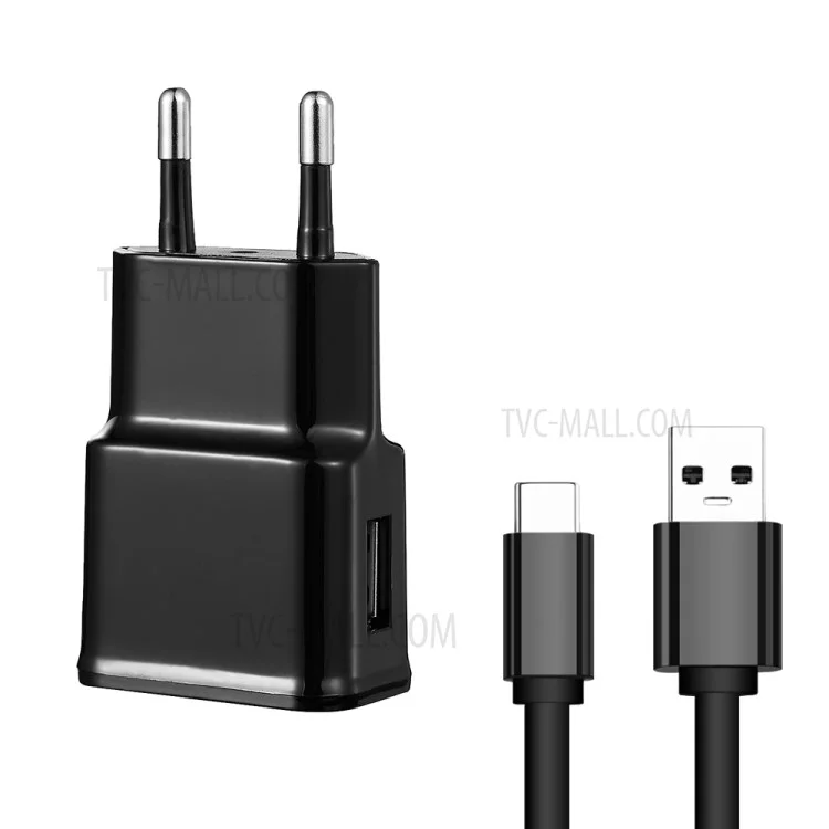 USB Wall Charger + Type C Data Charging Cable for Huawei P10 Plus / Galaxy S8 - Black