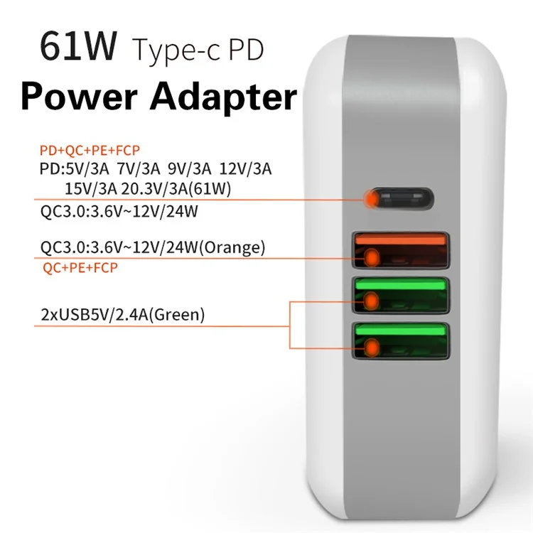 61W Multi-port Quick Charge 3.0 PD Type C Power Delivery Charger Adapter - EU Plug