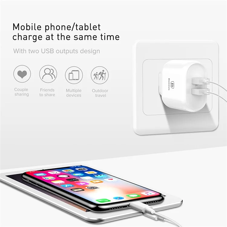 BASEUS Bojure Series QC3.0 Dual USB Travel Wall Charger for iPhone Samsung - EU Plug / White